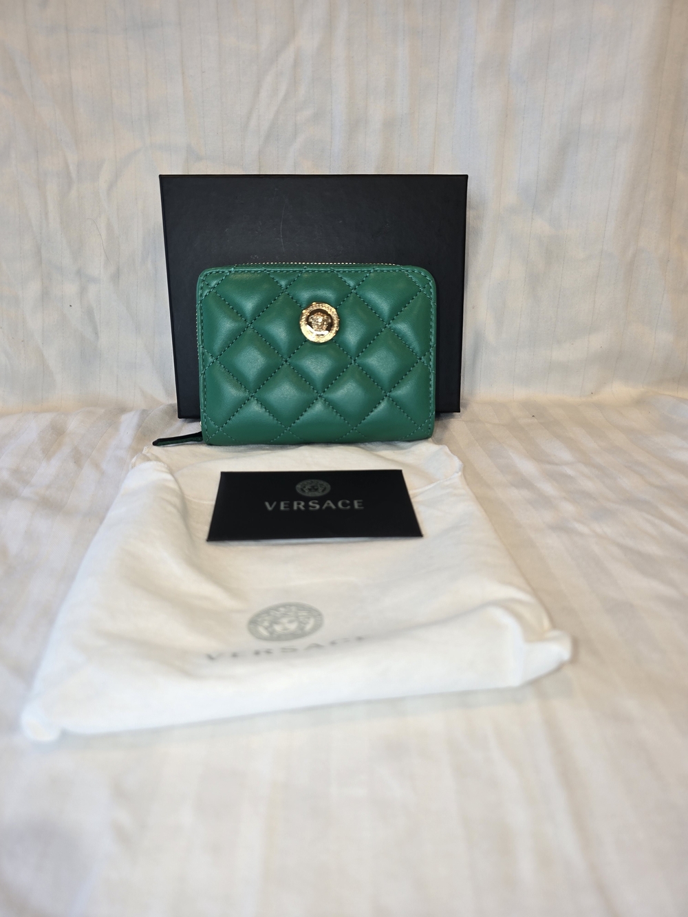 Versace Green Lamb Skin Quilted Leather Zip Wallet with Gold Medusa